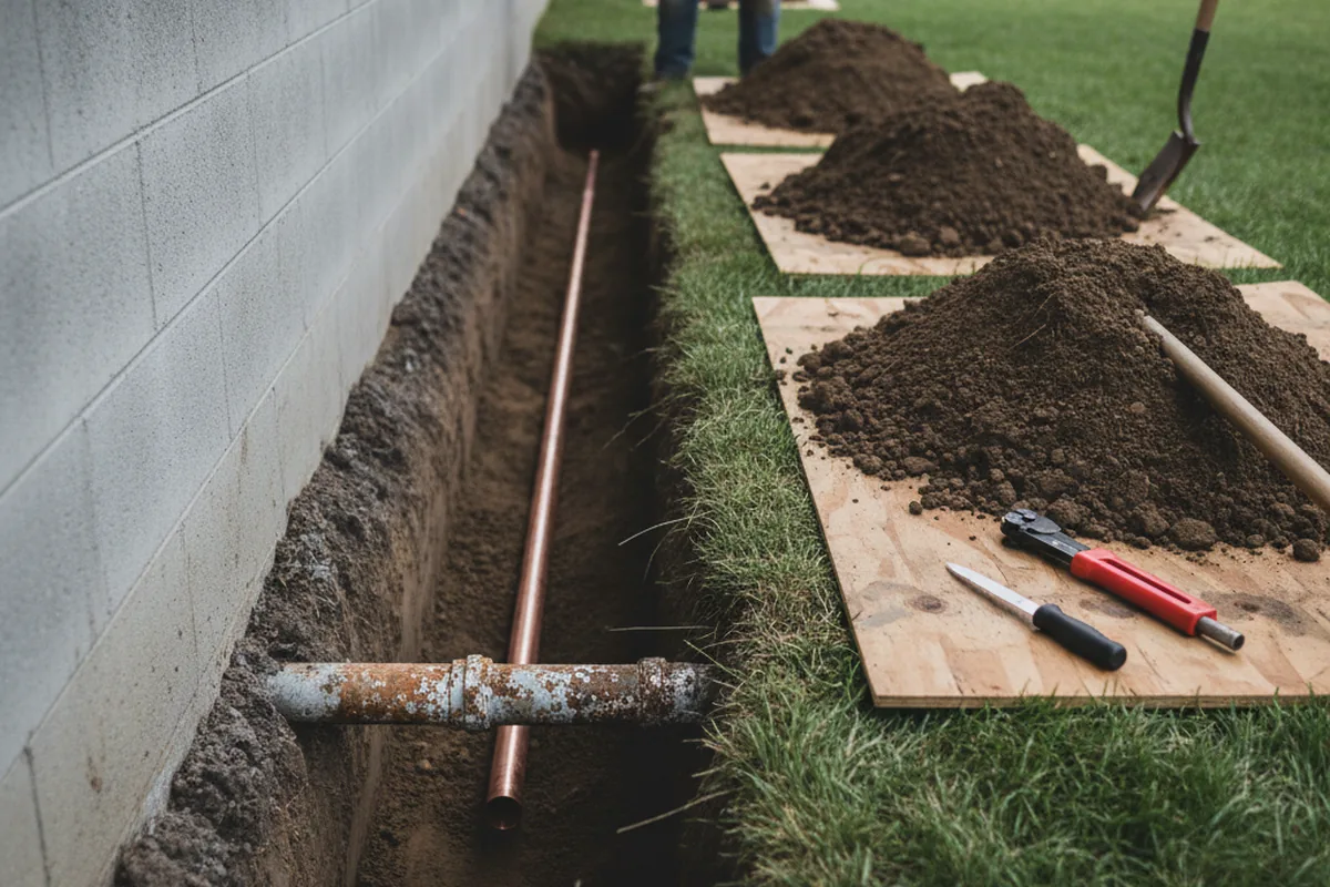 Excavated water line trench during Water Heater Repair in Flowery Branch